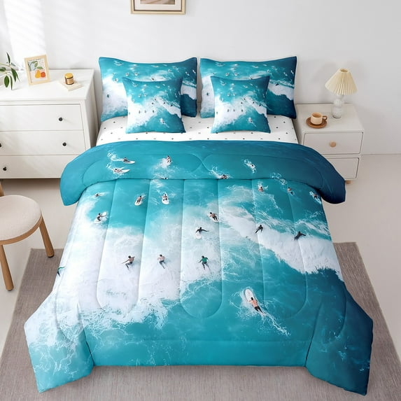 Erosebridal Adult Surfing Bedding Sets Twin Size, Sports Lover Comforter Sets with Sheets, Ocean Wave Decor, Reversible 7-Piece