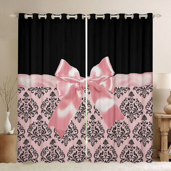 Erosebridal Adults Black Damask Blackout Curtains Set of 2 (52x84 Each),Pink Bowknot Window Curtains For Girls Kids