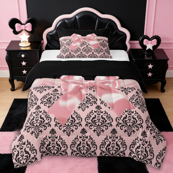 Erosebridal Adults Black Damask Twin Comforter Sets,Pink Bowknot Bedding Set For Girls Kids,Reversible black,2-Piece