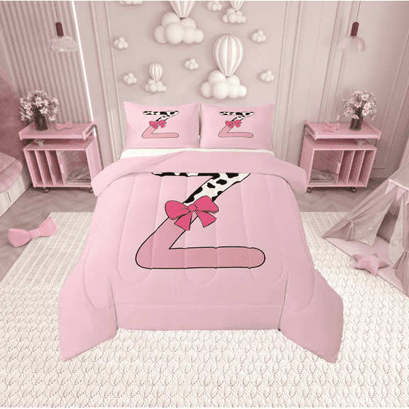 Erosebridal Letter Initial Z Bedding Twin Comforter Set,Kawaii Bow Down Comforter,Microfiber Reversible Bedding Sets Twin with Comforter,Cow Print Decor,3pcs