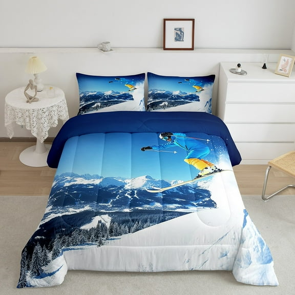 Erosebridal Adults Skiing Bedding Sets Twin with Comforter, Snow Mountain Duvet Insert, Extreme Sports Decor, Reversible 2pcs