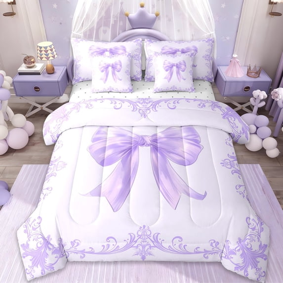 Erosebridal Adults Victorian Baroque Flower 7-Piece Bedding Comforter Set,Purple Cute Bow King Bedding Sets For Girls Kids,Reversible
