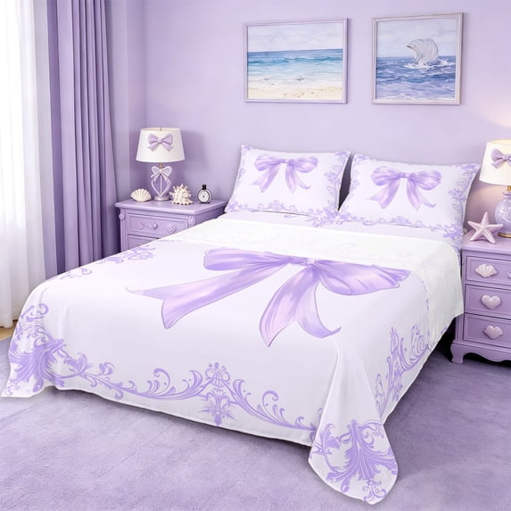Erosebridal Adults Victorian Baroque Flower Full Size Sheets,Purple Cute Bow Bed Sheets For Girls Kids 4pcs