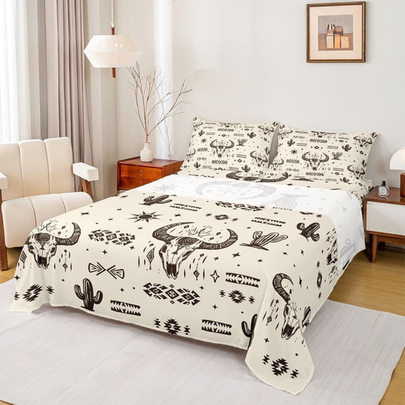 Erosebridal Adults Western Aztec Bed Sheets,Boho Bull Skull King Sheets For Cowboy 4 Pieces