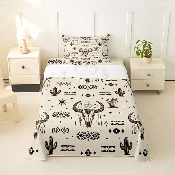 Erosebridal Adults Western Aztec Twin Sheet Sets,Boho Bull Skull Bedding For Cowboy 3 Pieces