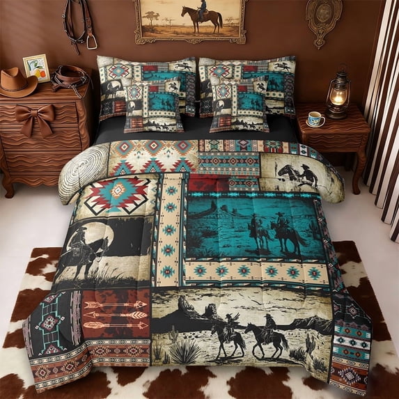 Erosebridal Adults Western Cowboys 7 Pieces Bedding Comforter Set,Country Theme Bohemian Exotic Style Full Bedding Set For Men Boys,Reversible Black