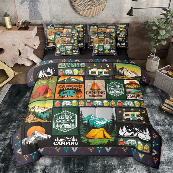 Erosebridal Adventure Accessories Bedding Comforter Set 7pcs for Kids Boys Girls,Happy Camping Queen Bedding Sets for Teens,Black Reversible,Luxury Bedroom Decor
