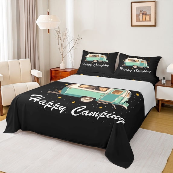 Erosebridal Adventure Cartoon RV Car Queen Sheet Sets 4 Pieces for Girls Boys,Teens Happy Camping Bed Set,Breathable Home Decor