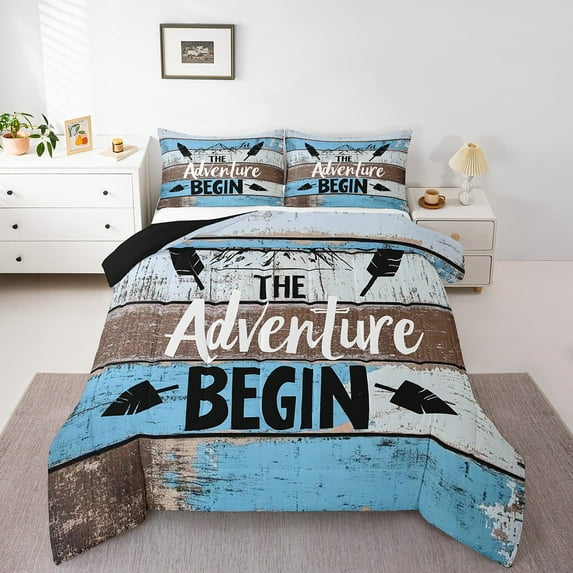 Erosebridal Adventure Theme Bedding Sets Full with Comforter,Black Blue Duvet Insert,Happy Camping Comforter Sets Full Size,Breathable Lodge Room Decor,Reversible,3-Piece