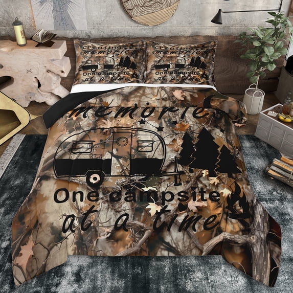 Erosebridal Adventure Theme Car Full Size Comforter Sets 3 Pieces for Teens Female Men,Girls Boys Autumn Camping Maple Leaves Bedding Sets,Black Reversible,Breathable Home Decor