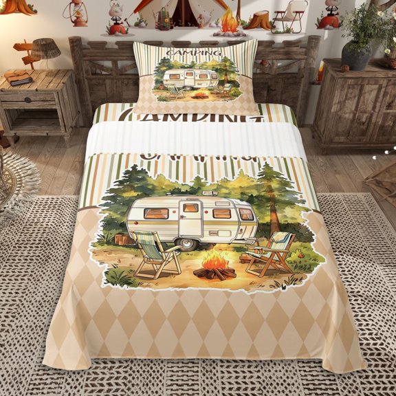 Erosebridal Adventure Theme Car Twin Sheet Sets 3pcs for Boys Girls,Happy Camping Bedding for Kids Teens,Lightweight Room Decor