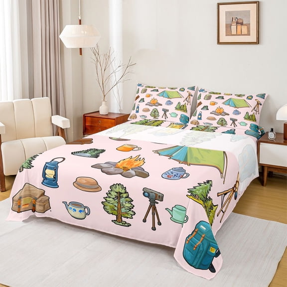 Erosebridal Adventure Theme Full Size Sheets 4-Piece For Boys Girls,Happy Camping Bed Sheets For Kids Teens