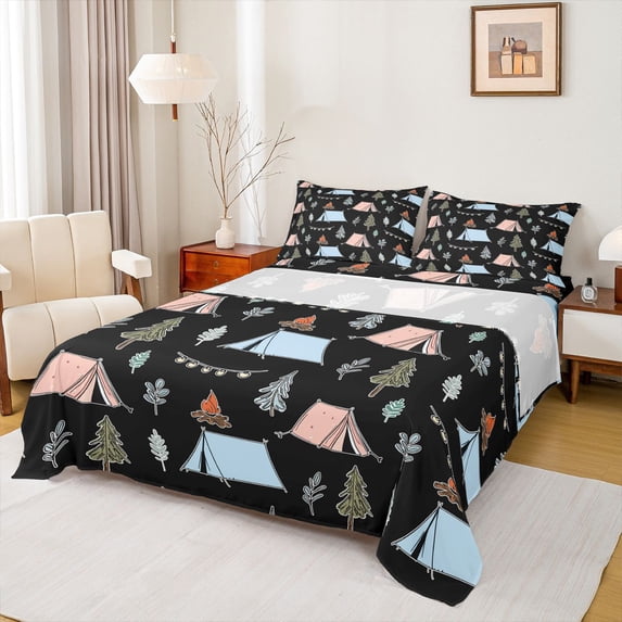 Erosebridal Adventure Theme Queen Sheet Sets 4 Pieces For Boys Girls,Happy Camping Bed Set For Kids Teens