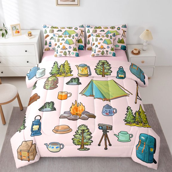 Erosebridal Adventure Theme Twin Bedding Sets 7-Piece For Boys Girls,Happy Camping Bedding Comforter Set For Kids Teens,Pink Reversible