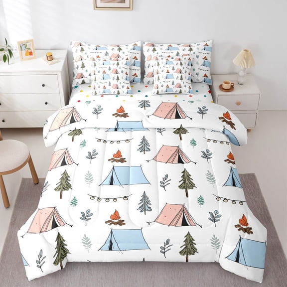 Erosebridal Adventure Theme Twin Bedding Sets 7-Piece For Boys Girls,Happy Camping Bedding Comforter Set For Kids Teens,Super Cozy Room Decor