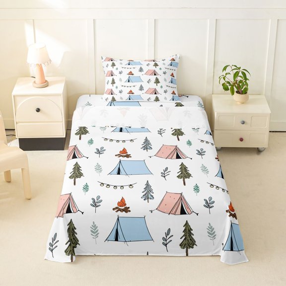 Erosebridal Adventure Theme Twin Sheet Sets 3pcs For Boys Girls,Happy Camping Bedding For Kids Teens