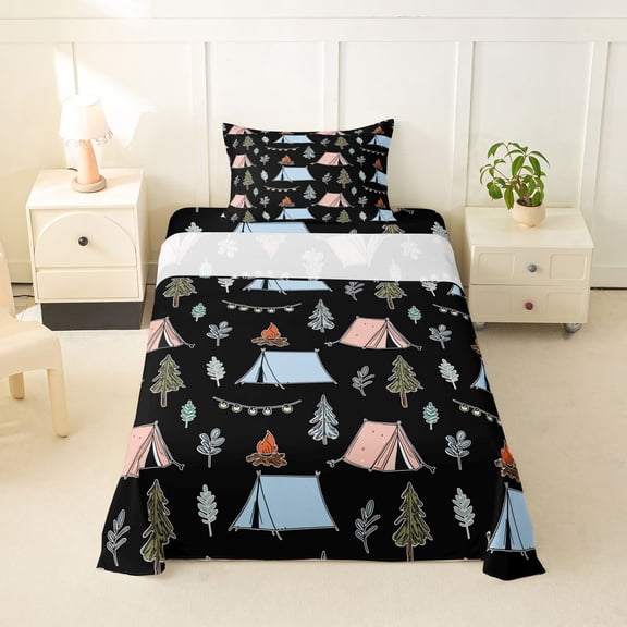 Erosebridal Adventure Theme Twin Sheet Sets 3pcs For Boys Girls,Happy Camping Bedding For Kids Teens