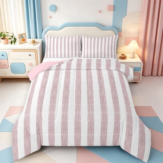 Erosebridal Aesthetic Abstract Stripes Full Size Comforter Sets,Modern Lines Bedding Comforter Set,Pink Reversible,3pcs,1 Comforter and 2 Pillowcases