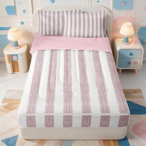 Erosebridal Aesthetic Abstract Stripes Zipper Twin Comforter Sets with Fitted Sheet and 2 Pillowcases,Modern Lines Zipper Bedding Set,Pink Reversible,4 Pieces