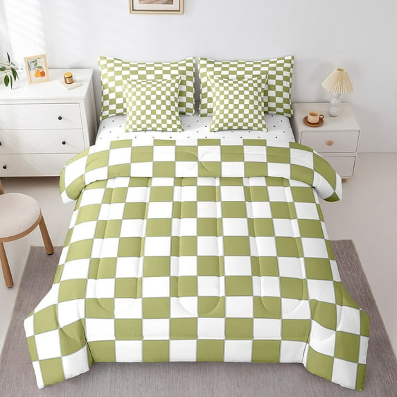 Erosebridal Aesthetic Checkered Full Bed In A Bag 7 Piece White Light Green Checkerboard Grid Bedding Set,Geometric Buffalo Plaid Comforter Set With Sheets For Kids Teen Adults Gingham Bed Set