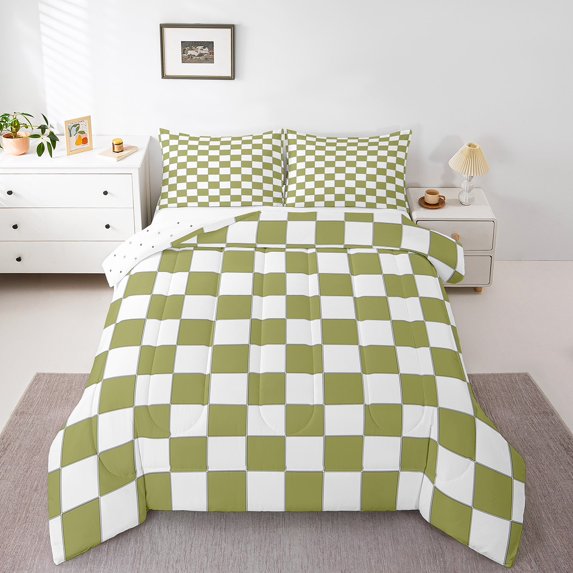 Erosebridal Aesthetic Checkered Quilt Set King White Light Green Checkerboard Grid Bedding Set,Geometric Buffalo Plaid Comforter Set Gingham Bed Set Modern Room Decor