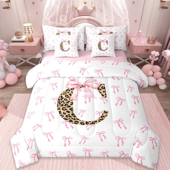 Erosebridal Aesthetic Coquette Bowknot 7pcs Bedding Comforter Set,Letter C Monogrammed Queen Bedding Sets For Girls Kids,Pink White Brown,Reversible