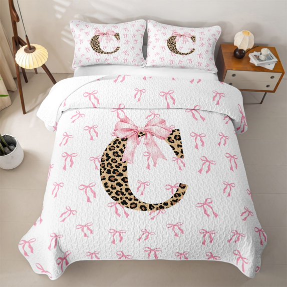 Erosebridal Aesthetic Coquette Bowknot Twin Quilt Set,Letter C Monogrammed Twin Coverlet Set For Girls Kids,Pink White Brown,2 Pieces