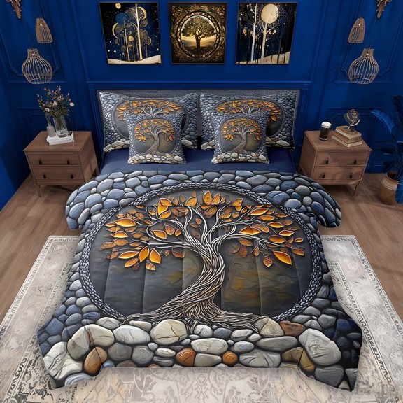 Erosebridal Aesthetic Tree of Life Twin Bedding Sets, Stone Painting Art Bedding Comforter Set, Navy Reversible, 7 Pieces
