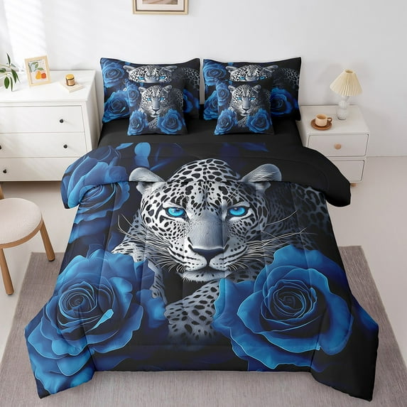 Erosebridal Afro Safari Leopard Bedding Queen Size, Jungle Woodland Animal Wildlife Comforter Sets with Sheets, Blue Rose Decor, Reversible 7pcs