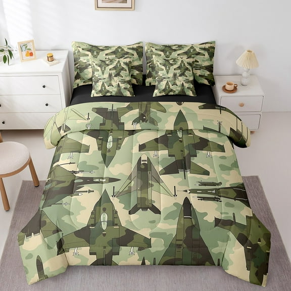Erosebridal Aircraft Bedding Twin Size for Teens, Army Camo Bed in a Bag Twin size, Military Plane Reversible Bed Set, Lightweight Bedroom Decorative, 7pcs