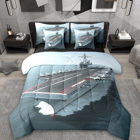 Erosebridal Aircraft Carrier Bedding Full Size, Blue Ocean Sea Wave Comforter Sets With Sheets,Military Army Theme Bedding Sets Full Size, Microfiber Gray Room Decor,7-Piece Reversible