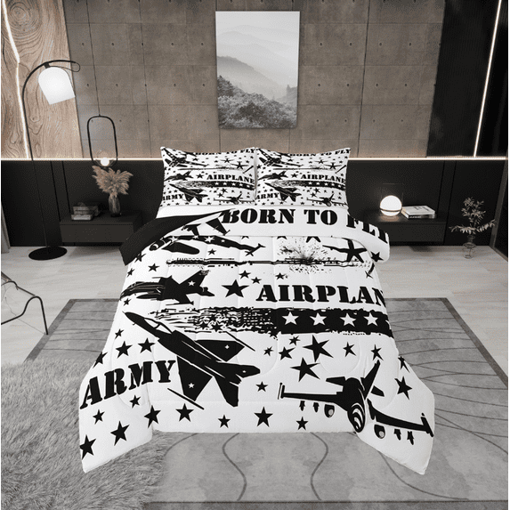 Erosebridal Airplane Aircraft Bedding Sets Full with Comforter,Black White Duvet Insert,Gradient Stars Comforter Sets Full Size,Microfiber Teens Bedroom Decor,Reversible,3pcs