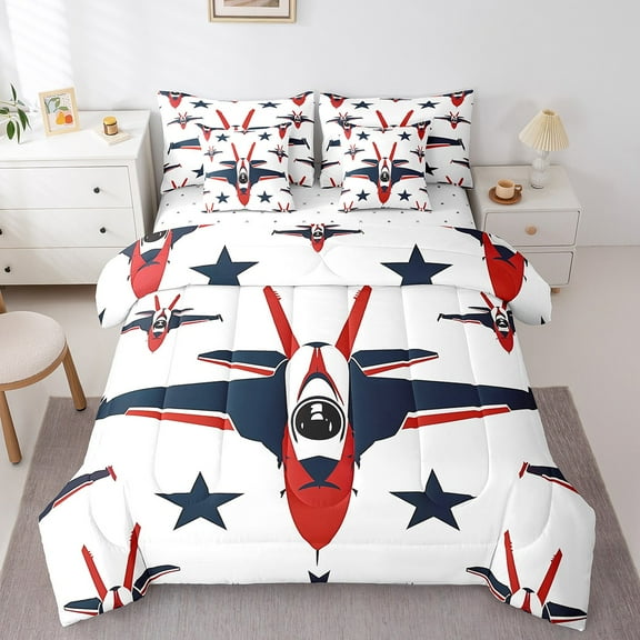 Erosebridal Airplane Aircraft Bedding Sets Twin Size,Black Stars Comforter Sets with Sheets,Military Theme Bed in a Bag Twin size,Breathable Airplane Bedroom Decorative,Reversible,7pcs