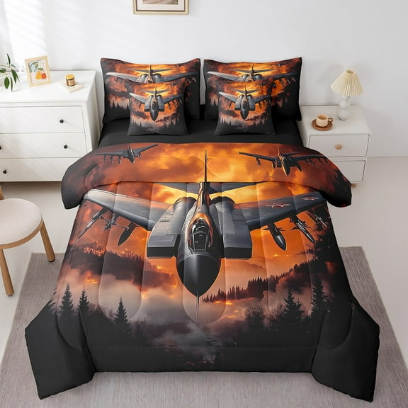 Erosebridal Airplane Aircraft Bedding Sets Twin Size,Cartoon Plane Comforter Sets with Sheets,Military Jet Bed in a Bag Twin size,Ultra Soft Cartoon Room Decorative,Reversible,7pcs