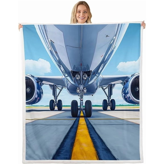 Erosebridal Airplane Fleece Blanket, Aviation Aircraft Runway Tire Wheel Summer Blue Sky Scene Blanket Throw, Decorative Sofa Sherpa, Throw 50"x60", Yellow