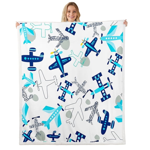 Erosebridal Airplane Plush Bed Blanket Aircraft Pattern Blanket Throw Twin Size Aviation Theme Cartoon Style Sherpa Throw Teal Blue Fleece Blanket Nursery Bed Blankets