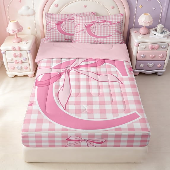 Erosebridal Alphabet C Zipper Full Size Comforter Sets with Fitted Sheet and 2 Pillowcases,Pink Bows Check Zipper Bedding Set For Girls,Pink Reversible,4pcs