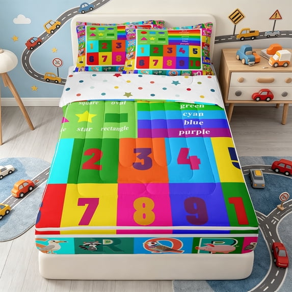 Erosebridal Alphabet Chart Zipper Full Size Comforter Sets with Fitted Sheet and 2 Pillowcases,Animal Number Educational Zipper Bedding Set For Boys,Polkadot Reversible,4pcs
