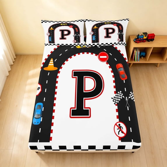 Erosebridal Alphabet Letter Fitted Sheet Full, Race Car Bed Set, Black P 3 Pieces 1 Fitted Sheet and 2 Pillowcases