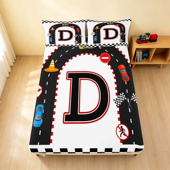 Erosebridal Alphabet Letter Fitted Sheet, Race Car Queen Bedding, Black D 3-Piece 1 Fitted Sheet and 2 Pillowcases