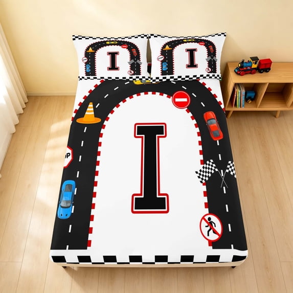 Erosebridal Alphabet Letter Fitted Sheet, Race Car Queen Bedding, Black I 3-Piece 1 Fitted Sheet and 2 Pillowcases
