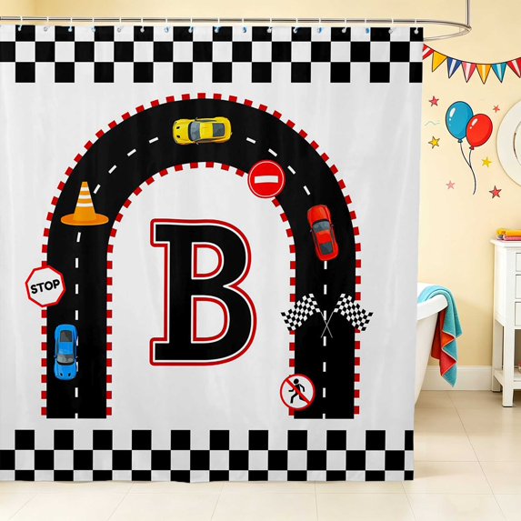 Erosebridal Alphabet Letter Shower Curtain 72Wx78L, Race Car Bath Curtain, Black B