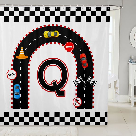 Erosebridal Alphabet Letter Shower Curtain 72Wx84L, Race Car Bathroom Shower Curtain, Black Q