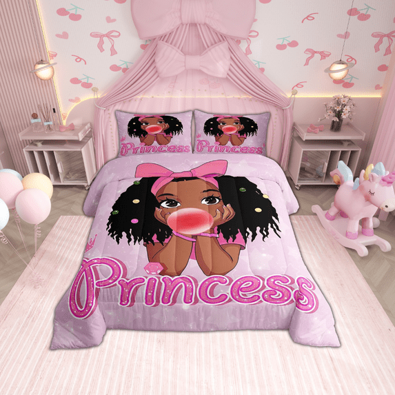 Erosebridal American African Black Comforter Set Full Hot Pink Princess Bedding Sets Reversible Colorful Stars Bed Comforter Sets,Cute Glitter Quilt Duvet Insert 3 Pcs