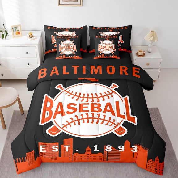 Erosebridal American Baseball Bedding Sets Queen Size, Black Orange Comforter Sets with Sheets, Sports Lover Reversible Bedding Queen Size, Super Cozy Room Decor, 7 Pieces