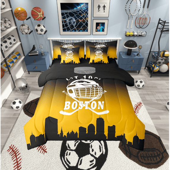 Erosebridal American Boston Bedding Sets Twin Size, Football Player Comforter Sets with Sheets, Black Orange Reversible Bed Set, Microfiber Bedroom Decor, 7pcs