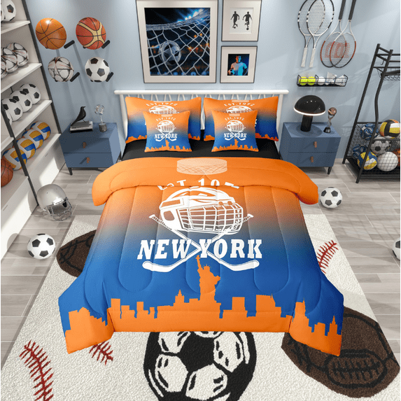 Erosebridal American City New York Bedding Sets King Size, Football Soccer Comforter Sets with Sheets, Sports Theme Reversible Bed Set, Breathable Bedroom Decor, 7pcs