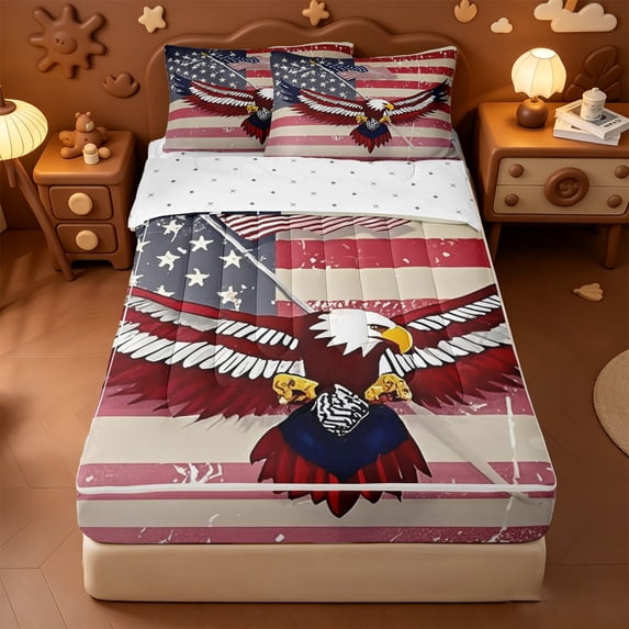 Erosebridal American Eagle Zipper Queen Comforter Set with Fitted Sheet and 2 Pillowcases,Retro Flag Zipper Bedding Set For Boys,Reversible,4-Piece