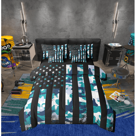 Erosebridal American Flag Bed in a Bag Twin size, Retro Camouflage Bed Set, Military Decor, Reversible 7 Pieces