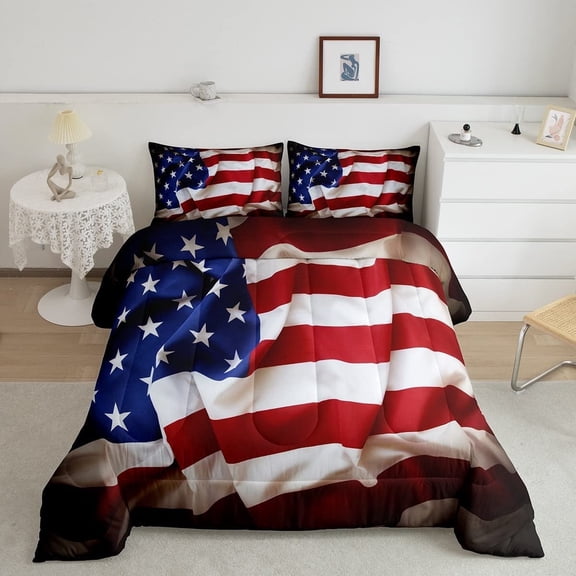 Erosebridal American Flag Comforter Set, United States Down Comforter Twin Size Teens, USA Federations Stars Bedding Set Geometric Stripes Quilted Duvet for Bedroom, Blue White and Red
